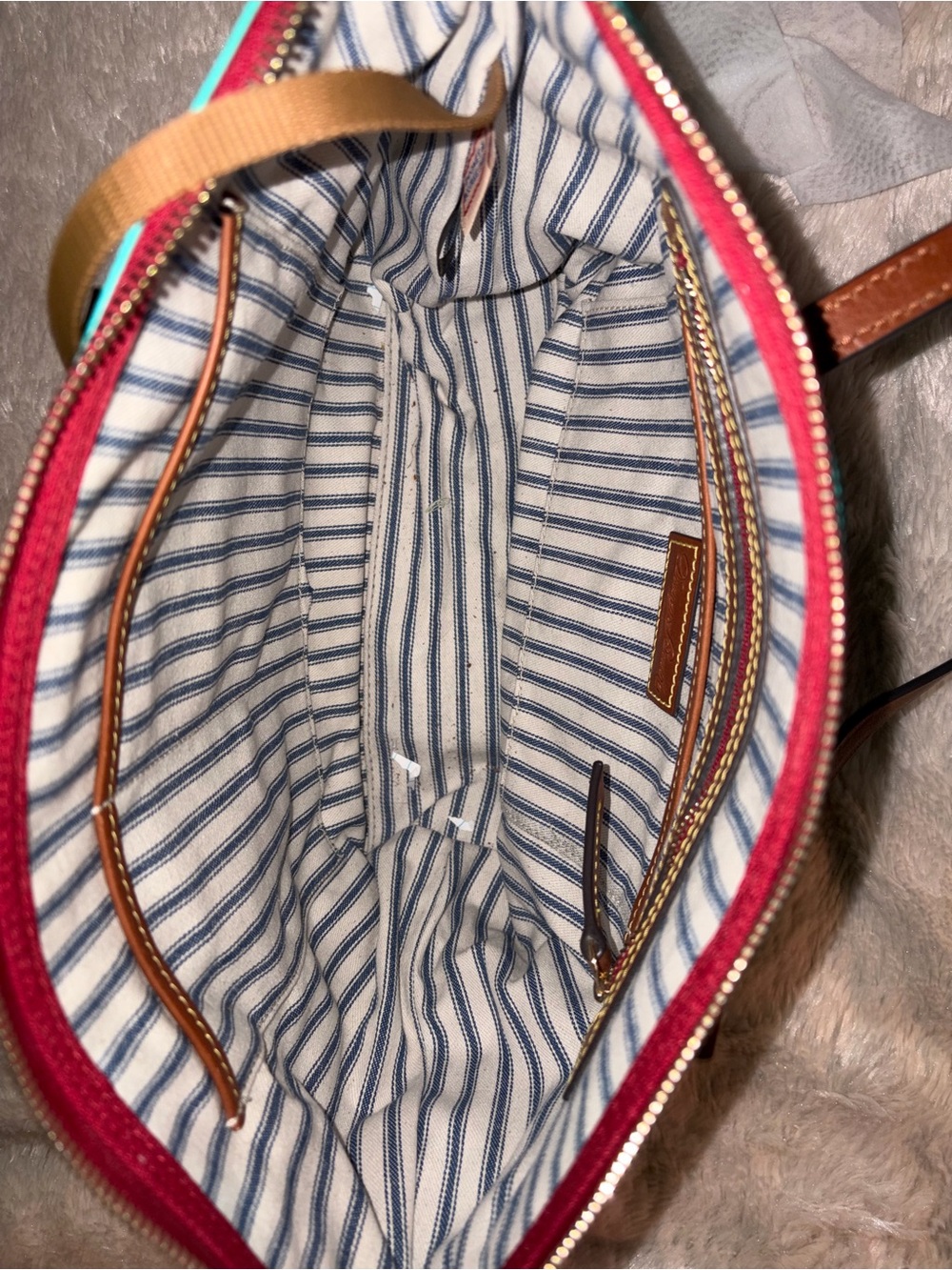 Dooney & Bourke Turquoise Nylon Tote with Brown Leather Trim - Picture 6 of 9